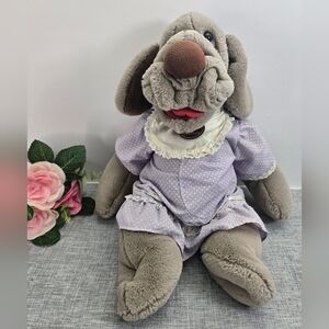 Vintage Ganz Bros Wrinkles Hand Puppet Dog Plush Floral Dress Gray Hound 1981